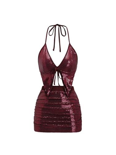 SHENHE Women's Y2k 2 Piece Sexy Outfits Backless Halter Crop Top and Ruched Bodycon Mini Skirt Set Sequin Burgundy Medium