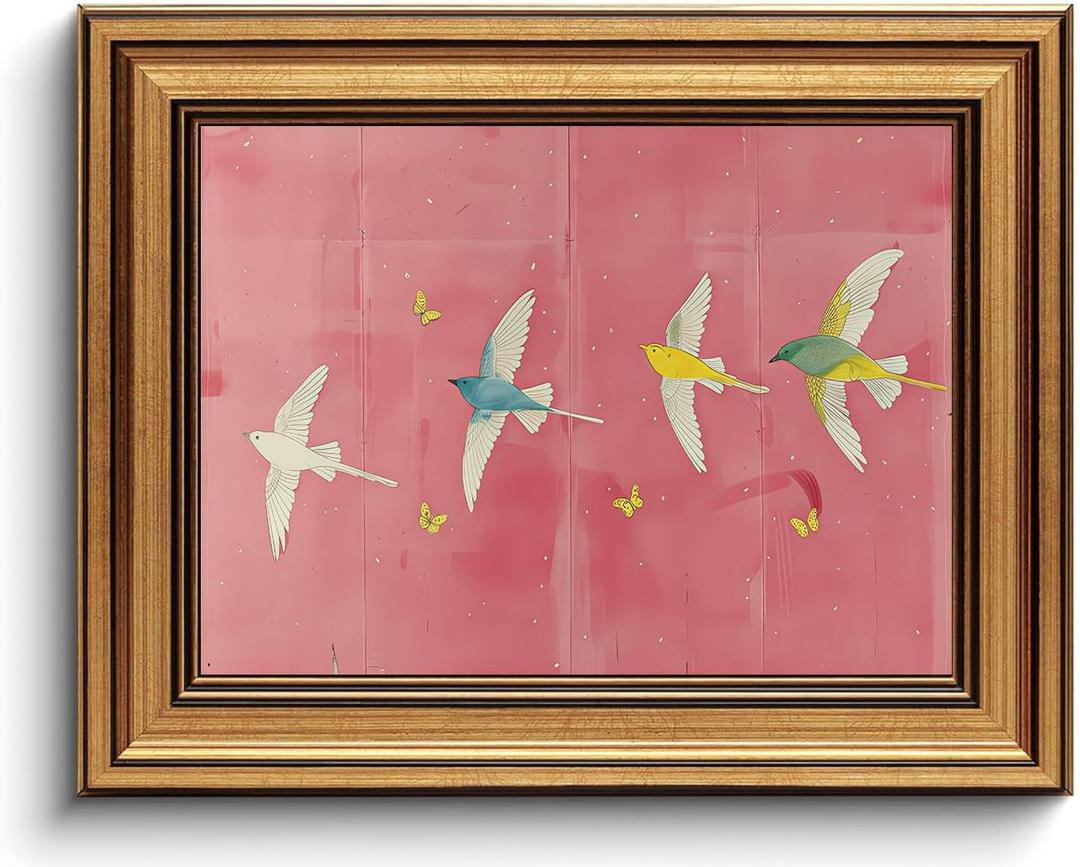 BRUZYIYE Gold Framed Wall Art Vintage Wall Art Swallow Canvas Art Bird Pictures Pink Paintings Cute Prints Animal Wall Decor Artwork For Girls room Bedroom Kids Room 8x10in