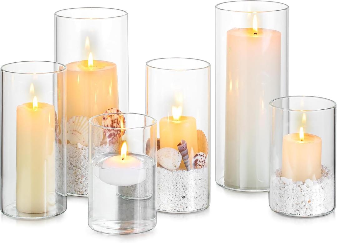 Glasseam Hurricane Glass Candle Holders: 6 Pcs Clear Cylinder Vases for Centerpieces Large Pillar Candle Holder for Floating Candles Set Modern Home Decor Wedding Table 5.3'' 7.3'' 9.5'' Height
