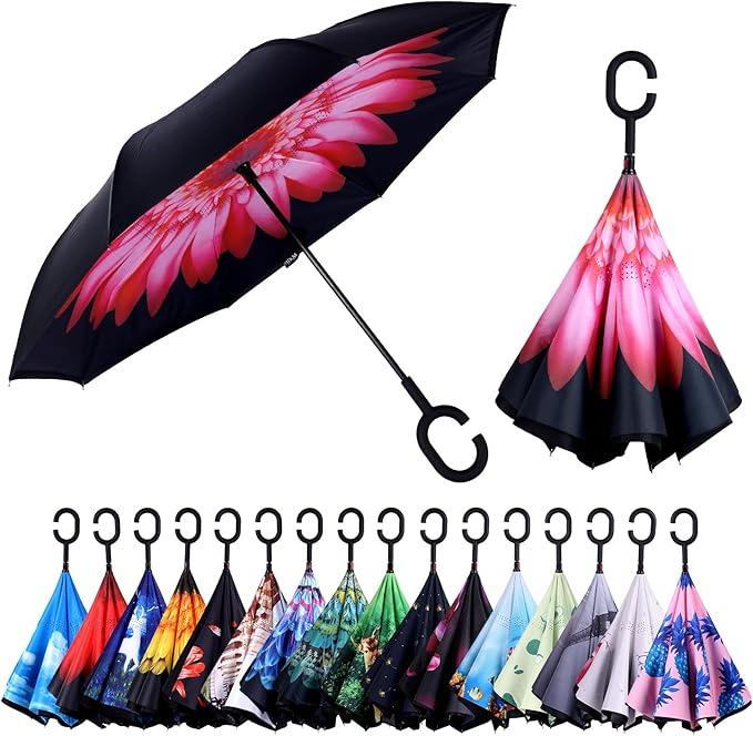 Inverted Reverse Umbrella with C-shaped Handle Windproof Upside Down Umbrellas for Rain Double Layer Hands Free Umbrella for Women and Men (Pink Daisy)