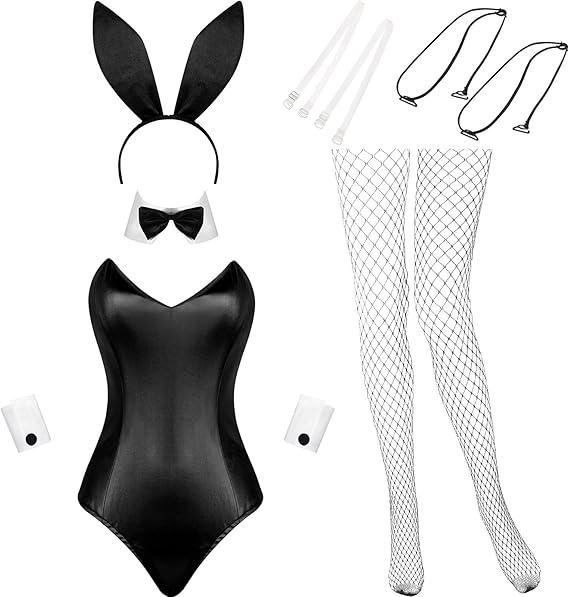 Geyoga Anime Women Bunny Costume Halloween Cosplay Bodysuit Role Outfit With Headband and Stocking Set (Small, White and Black)