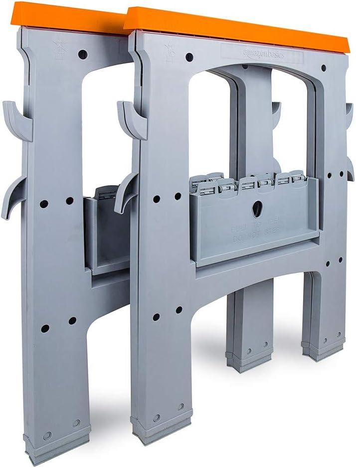 Amazon Basics Rectangular Folding Sawhorse, Collapsible, Folds Flat, 900 Pound Capacity, Set of 2, Orange and Grey