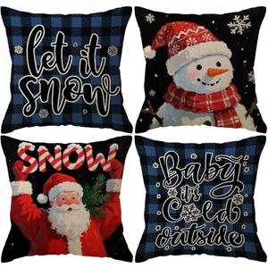 4pack Winter Snow Throw Pillow Case Buffalo Check Plaid with Snowman Santa Cushion Covers Christmas Winter Holiday Farmhouse Decorative Pillowcases 18 x 18 Inches for Sofa Couch (Blue)