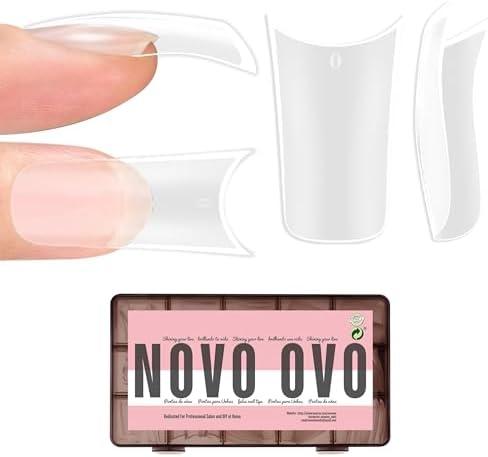 NOVO OVO Halloween Extra Thick Duck Feet Nail Tips Full Cover for Press on Acrylic with Moon Curve, Medim Long Clear Pre-Etched Matte Flare Wide French Soft Gel False Nail Extension x 15 Sizes 150 pcs