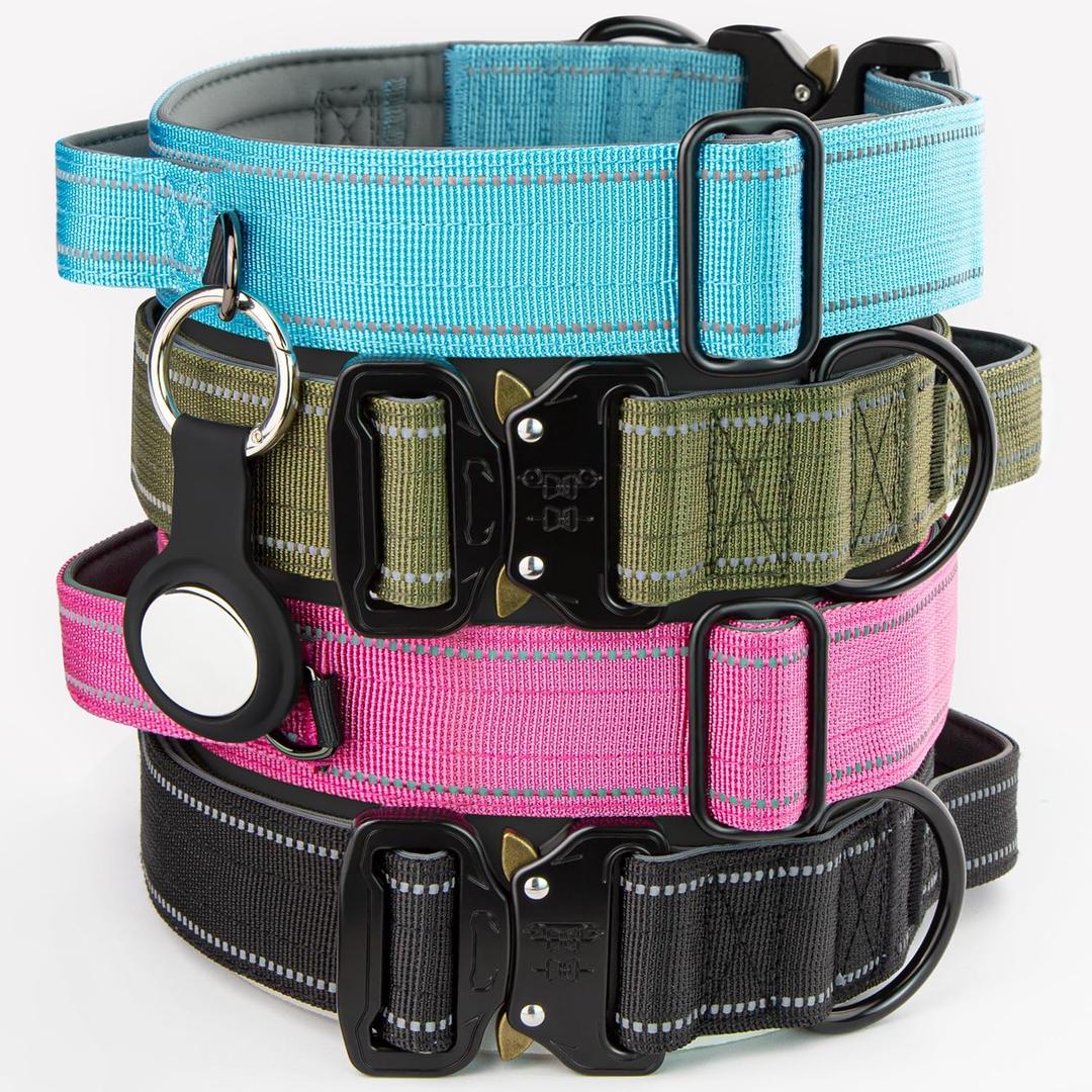 Tactical Dog Collar with Control Handle & AirTag Holder, Neoprene-Padded Lining, Reflective Strips, Heavy-Duty Thick Nylon, Metal Buckle, for Medium & Large Dogs Green