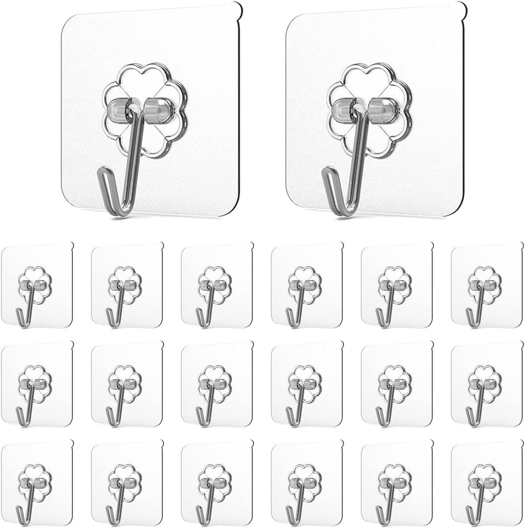 Adove Adhesive Hooks for Hanging, Heavy Duty Wall Hooks 20 Pack, Removable Sticky Ceiling Hooks, Transparent Self Adhesive Shower Hooks, Water & Oil Proof Strong 22lb(Max) Door Coat Hooks
