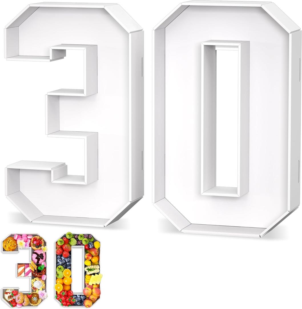 Paready 13.78'' Fillable Cardboard Number 30, Charcuterie Foam Board Number 30, Food Fillable Number Shaped Sweets Flower Candy Cupcake Container Box for 30th Anniversary Birthday Party Decoration