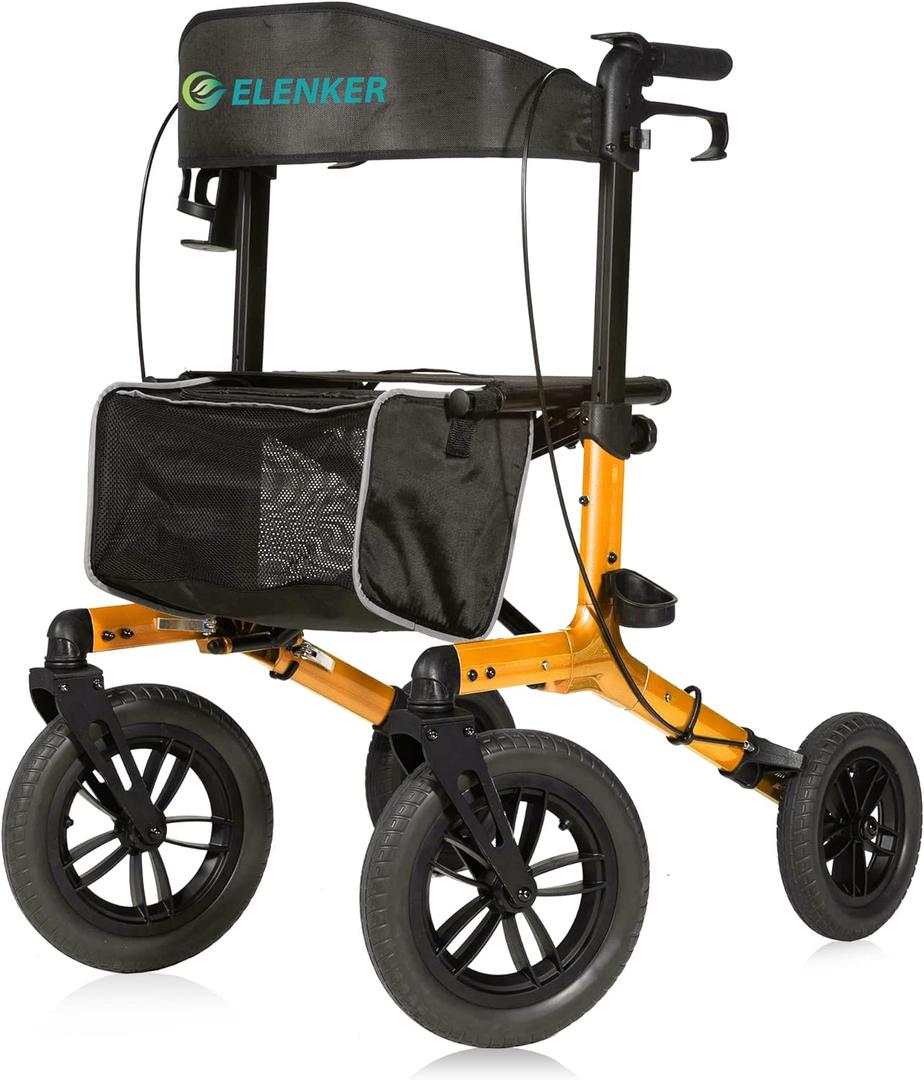 ELENKER All-Terrain Rollator Walker with Non-Pneumatic Tire 12 Front Rubber Wheels, Compact Folding Design for Seniors (Orange)