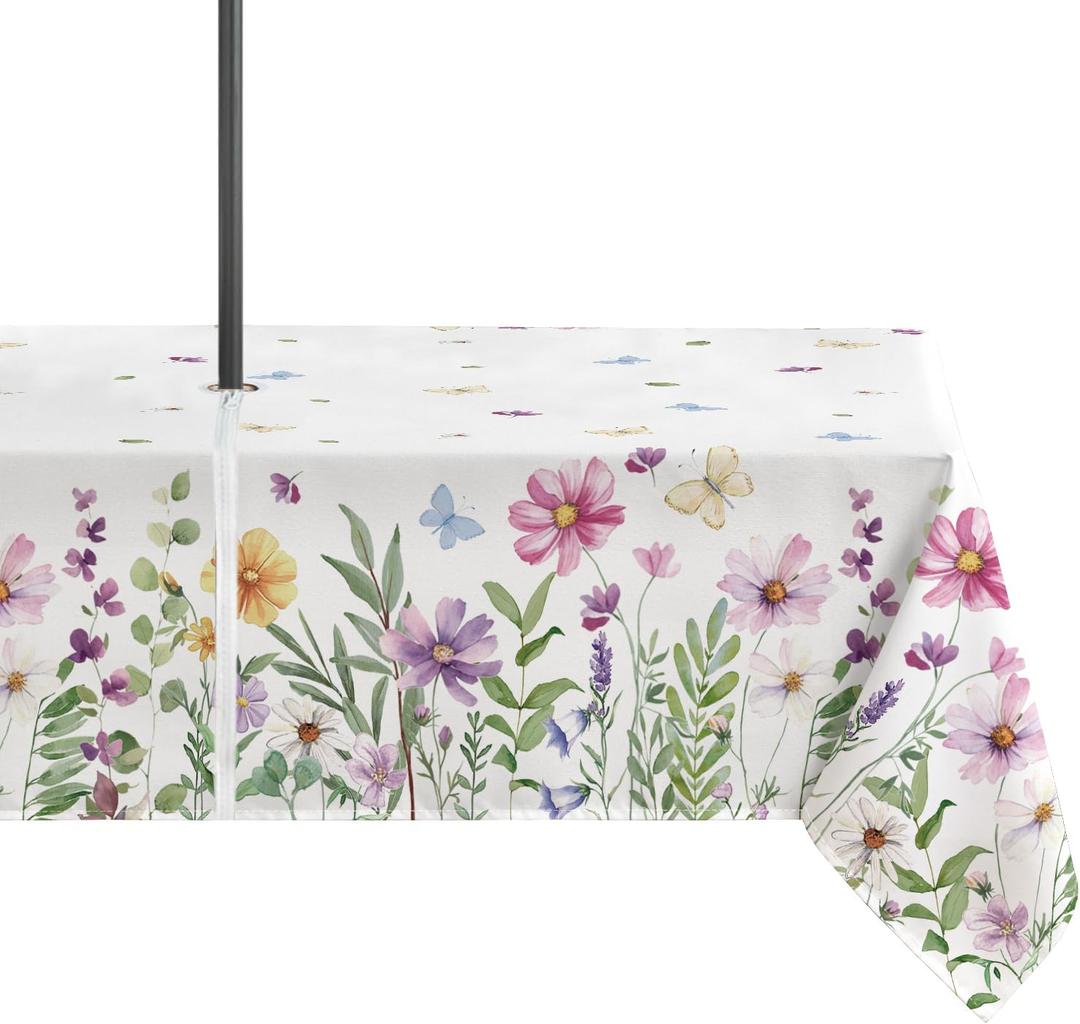 Horaldaily Spring Summer Outdoor Tablecloth 6084 Inch, Watercolor Wild Flowers Butterfly Seasonal Table Cover with Zipper Umbrella Hole for Party Dinner Patio Garden Picnic BBQ (White)