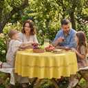 Horaldaily Yellow Farmhouse Style Tablecloth with Decorative Cutouts, 60×60 Inch Round Polyester Table Cloth, Wrinkle Resistant Washable Table Cover for Dining Wedding and Outdoor