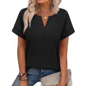 WIHOLL Womens Summer Tops 2026 Short Sleeve V Neck T Shirts Fashion Beach Vacation Clothes Business Casual Outfits (Black, L)