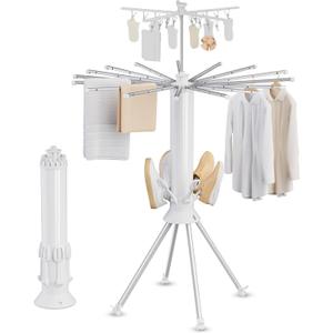 Clothes Drying Rack Foldable, 4-Legged Portable Drying Rack Clothing with 20 Clips, Shoe Dryer Rack, Outdoor Laundry Drying Racks with 4 Pulleys, Aluminum Hanging Dry Rack for Clothes,Socks,Towel
