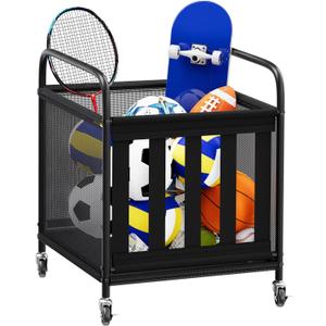 storenization Ball Storage Cart, Sports Equipment Organizer with Wheels, Storing Volleyball, Basketball, Soccer, Baseball and Toy, Lockable Rolling Sports Ball Storage for Garage, Playgroup and Gym (Middle)