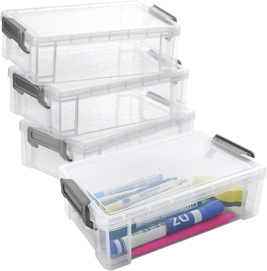 4Pcs Clear Pen Holder Boxes,Marker Organizer for Desk,Extra Large Crayon Holders,Plastic Storage Box for Pen,Crayon,Markers,Rulers,Art Supplies