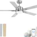 cumilo 52 Smart Outdoor Ceiling Fans LED Lights and Remote,Quiet DC Motor,6 Speed,Dimmable,Indoor Modern Brushed Nickel Ceiling Fan Controlled by WIFI Alexa App,Gray Silver Wood Bedroom Patio Porch, 52 inch-Downrod