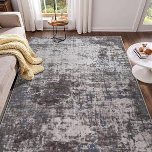 Modern Abstract 3x5 Rug, Non Slip Entryway Rug, Soft Machine Washable Rugs for Indoor Entry, Low Pile Stain Resistant Distressed Rug for Living Room, Bedroom, Dark Grey Blue