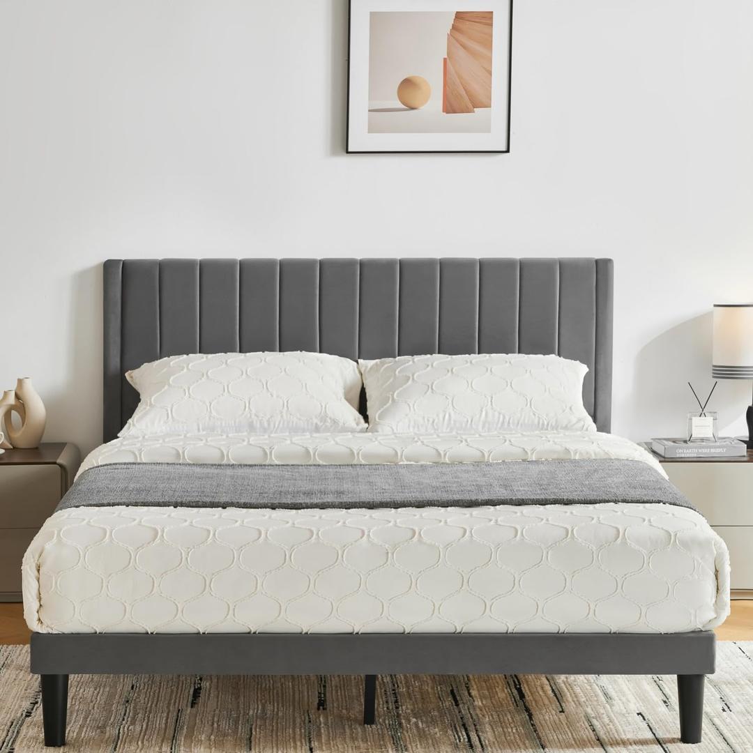 Queen Size Platform Bed Frame with Velvet Upholstered Headboard