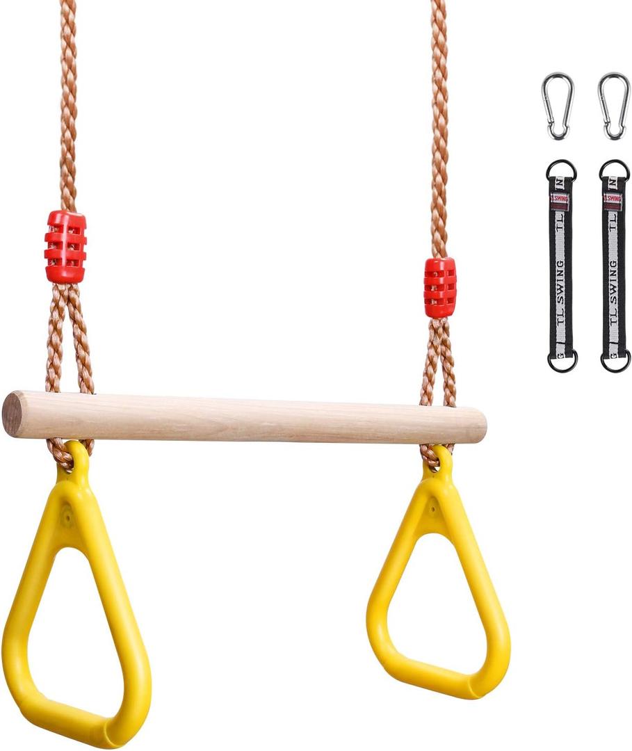 YOHOOLYO Trapeze Bar Swing Set Hanging Bar Rings for Kids 18" Wooden Swing Bar Heavy Duty Carabiner for Kids Backyard Outdoor Play
