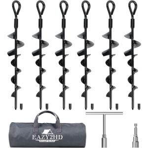 Eazy2hD 6 Pack Tent Stakes Heavy Duty, 15 Inch Ground Anchors Screw in, Metal High Winds Trampoline Stake with Nut and Tool, Spiral Anchor Kit for Camping, Swing Set, Mobile Home, Car Ports (Black)