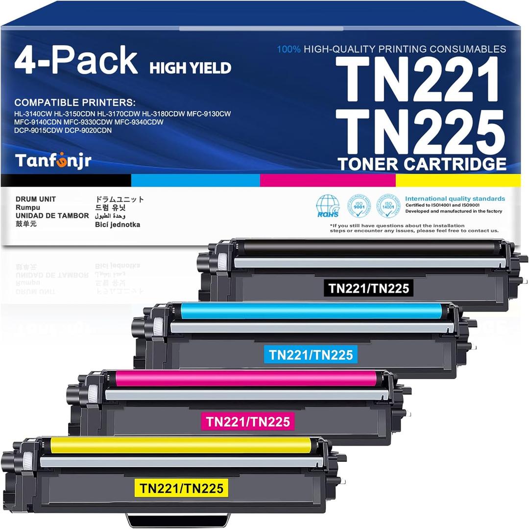 TN225 Toner Cartridges Replacement for Brother TN-221 TN 225 TN-225 High Yield Toner Cartridge for MFC-9130CW MFC-9140CDN HL-3140CW HL-3150CW HL-3170CDW Printer (4 Pack) (TN225 Black/Cyan/Magenta/Yellow)