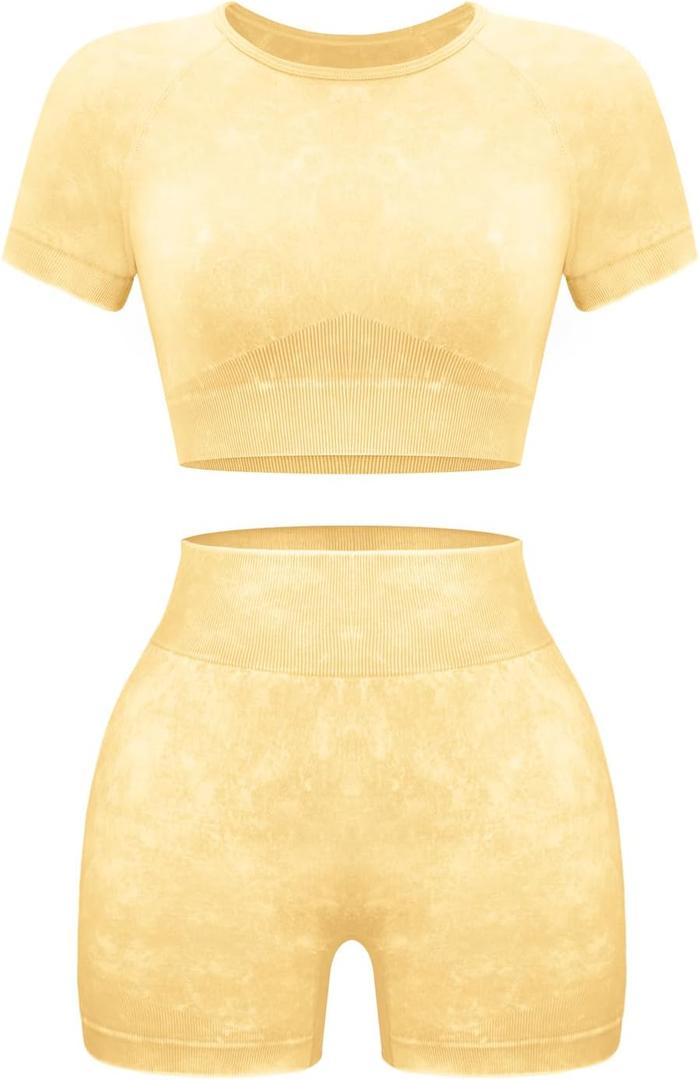 OLCHEE Womens Workout Sets 2 Piece - Seamless Acid Wash Yoga Outfits Shorts and Crop Top Matching Gym Athletic Clothing Set (Medium)