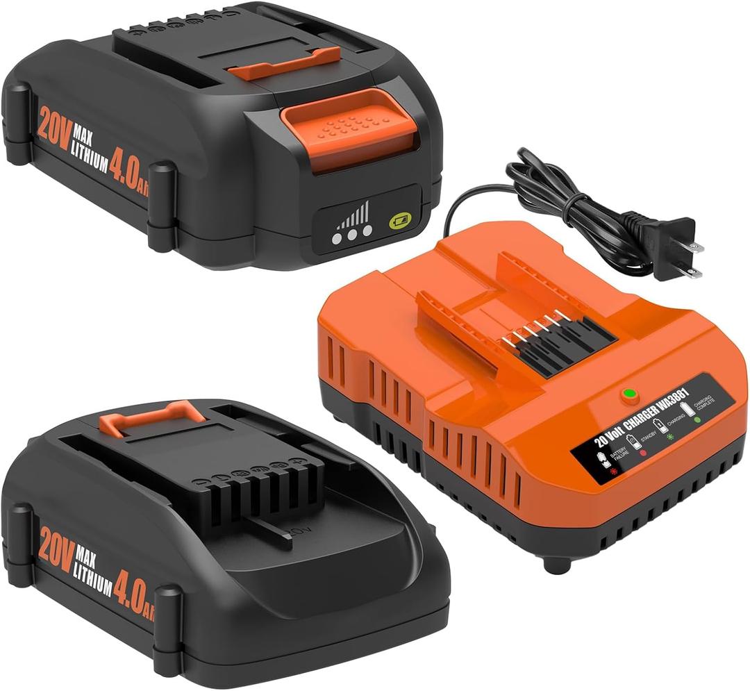 2-Pack 20V 4.0Ah Battery and Charger Combo Replacement for Worx WA3520, WA3525, WA3575, WA3578, WA3669, WA3732, WA3875, WA3881 Compatible with 20 Volt Power share Power Tools