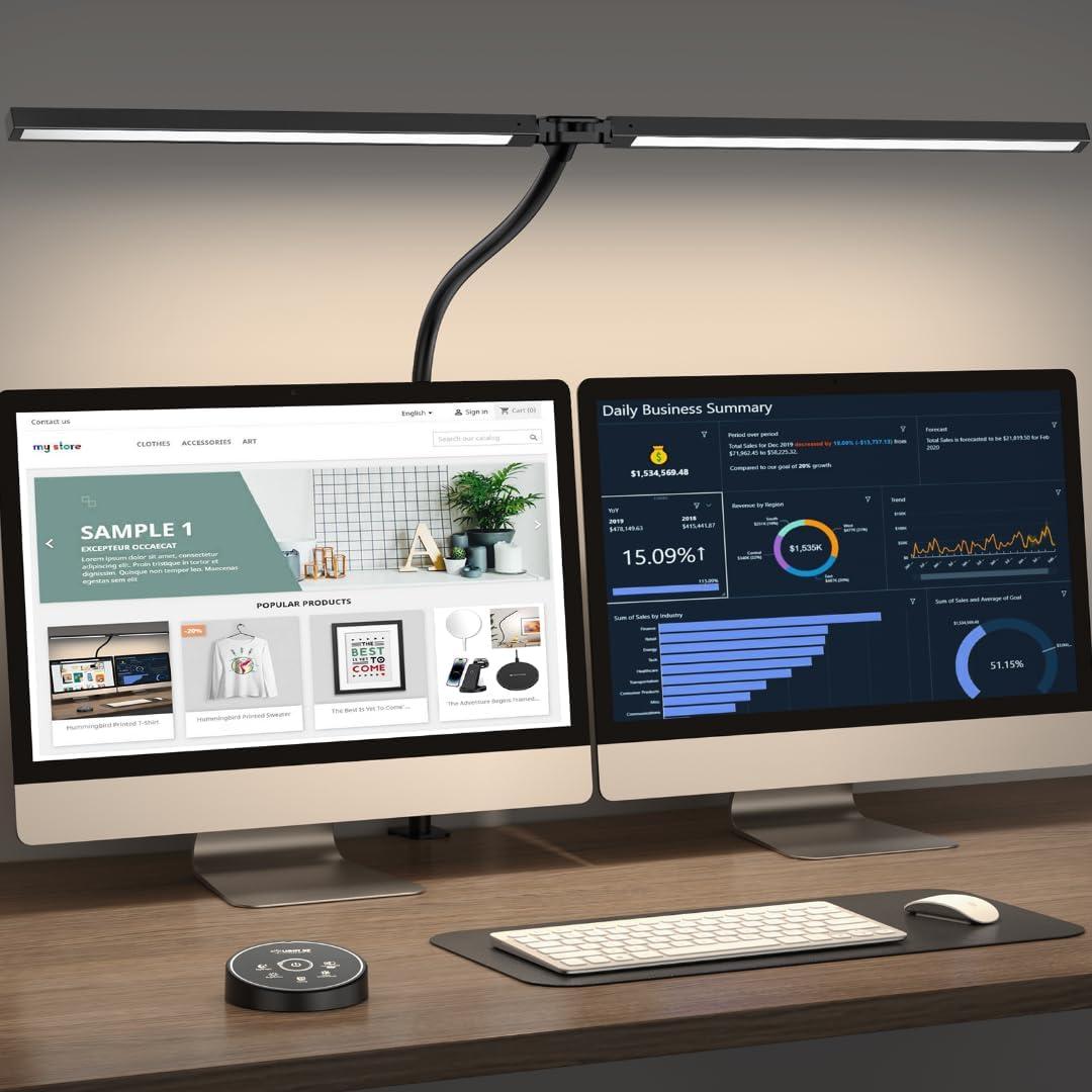 Pzloz Led Desk Lamp for Office Home - Eye Caring Architect lamp with Clamp,Dual Screen Computer Monitor Work Smart Light: 24W 5 Color Flexible Adjustable Lighting Table Lamp for Study Drafting (Black)
