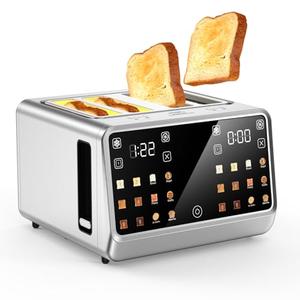 Smart Toaster 4 Slice Wide Slot– Dual Digital Touch Screen & Independent Control for Family | 1800W Stainless Steel for 6 Bread Types & Toast Settings | Defrost Reheat & Single-Slice Modes