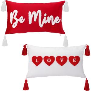Gilprop Red Throw Pillow Covers 12 x 20 Inch Set of 2, Velvet with Heart Embroidery Pillow Covers Home Decoration for Wedding Couch Sofa Bedroom Decoration