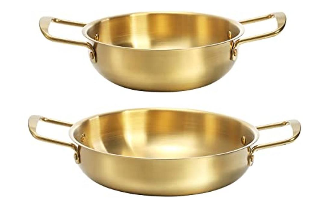 Okllen Set of 2 Korean Ramen Noodle Pot with Handles, Stainless Steel Everyday Pan, Golden Korean Cooking Pot for Soup, Noodle, Pasta, Home and Outdoor, Dishwasher Safe