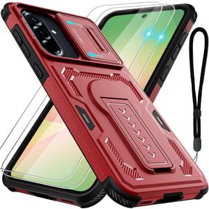 for Samsung Galaxy A36 5G/A56 5G Case with 2 Pack Screen Protector, Upgrade Slide Camera Cover & Kickstand, Lanyard Strap, Military Grade Shockproof Heavy Duty Robust Bumper Phone Case, Red