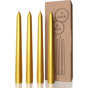 CANDWAX 8 inch Gold Taper Candles Set of 4 - Christmas Candles Taper Dripless - Tall Candles Long Burning Fragrance-Free - Gold Candlesticks