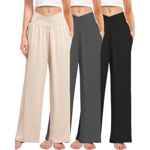 Kivdol 3 Pack Women's Wide Leg Pants Crossover with Pockets High Waist Loose Sweatpants Casual Lounge Yoga Workout Palazzo (Medium, Black/Grey/Apricot)