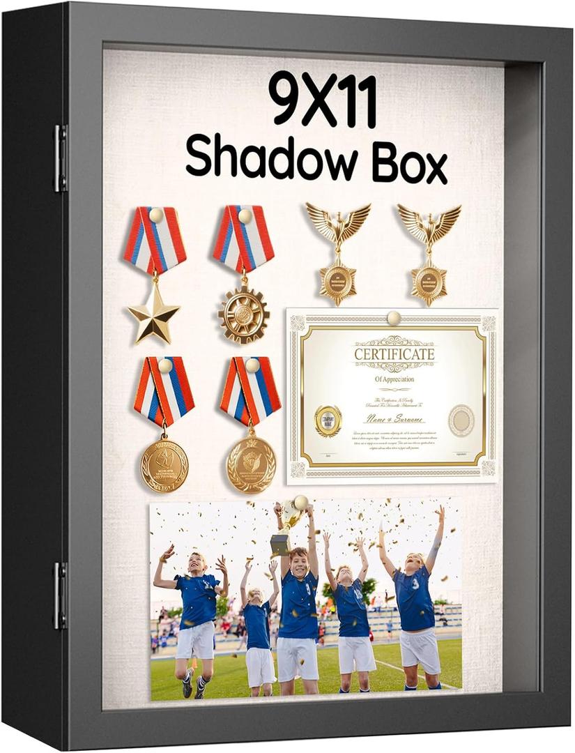 9x11 Shadow Box Frame with Shatter-Resistant Glass, Shadow Box Display Case with Soft Linen Back for Tabletop and Wall Display, Memory Box Display Case for Flower, Tickets, Magazine and 3D Items
