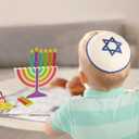 Mini Multicolor Hanukkah Menorah, 5" Inch Children Wooden Chanukah Menorah Set with Removable Wooden Candles, 3" Inch Dreidel, and Gelt Coins (Single)
