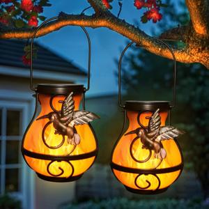 X-PREK 2 Pack Solar Lanterns Outdoor Waterproof Hummingbird Hanging Solar Lantern Flickering Flame Lights Solar Powered Lamps Garden Patio Porch Decoration(Plastics)