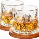 10oz Large Spinning Whiskey Glasses set of 2,Rotatable Old Fashioned Glasses,with Bamboo Coasters,Help Relieve Stress, Anxiety,Tension. Christmas Gifts Stocking Stuffers for Men,Husband,Dad,Father