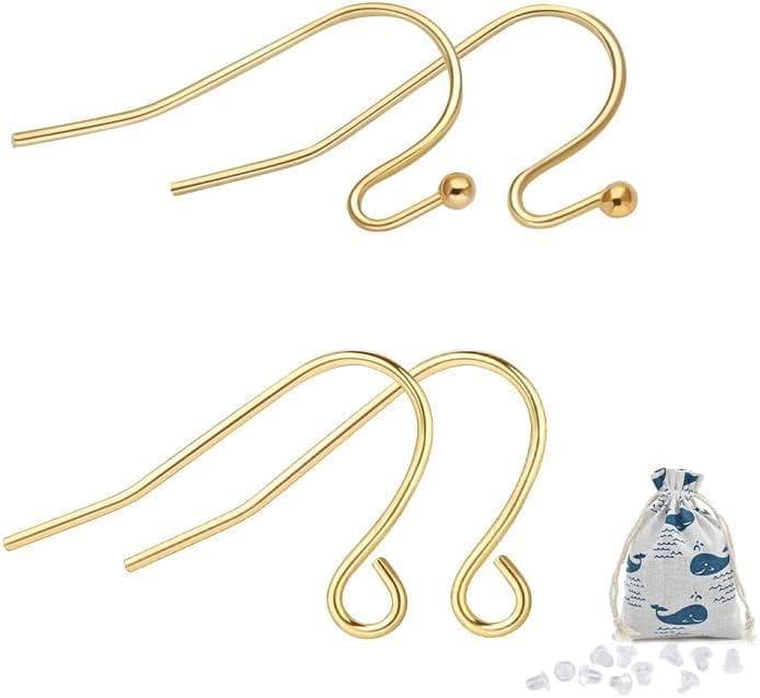 14K Gold Earring Hooks Real Hypoallergenic 100Pcs Ball Dot Ear Wires + Fish Hooks Jewelry Making Supplies Findings with 100Pcs Clear Rubber Earring Backs for DIY Jewely