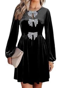 Happy Sailed Velvet Dresses for Women Lantern Sleeve Front Bowknot High Waisted A Line Skater Cocktail Party Dress with Pockets Fall Winter 2025 Black X-Large