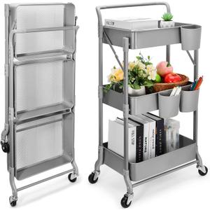 Foldable 3 Tier Metal Utility Rolling Cart, Folding Mobile Multi-Function Storage Trolley Organizer Cart for Home Library Office(Grey) (Gray)