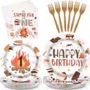 96 Pcs S'Mores Camping Birthday Party Decorations It's S'more Fun to Be One Plates and Napkins Disposable First Birthday Tableware Set for Kid Camper Bonfire Camping Theme 1st Party Supplies Serves 24