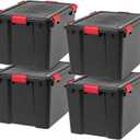 IRIS USA WeatherPro 74 Qt Storage Bins with Lids, 4 Pack, BPA-Free Plastic Gasket Box with Tight Latch and Seal, Stackable Nestable Tote Tub - Black/Red