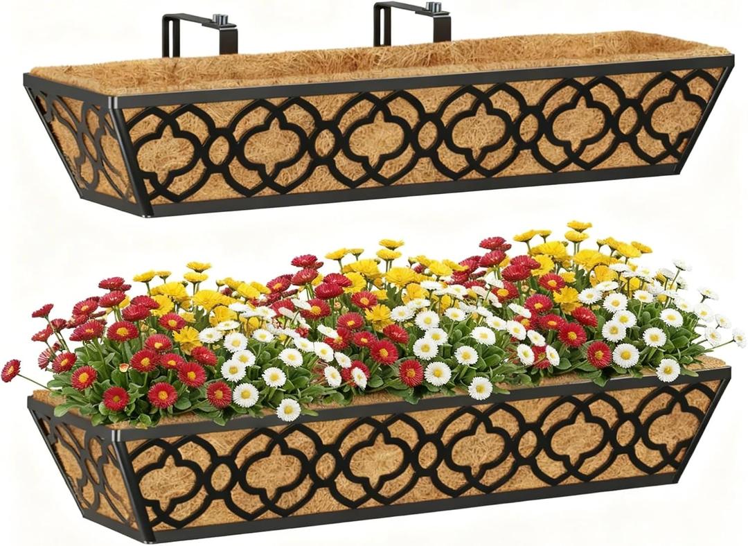 Y&M Deck Railing Planter Boxes, Adjustable Balcony Planter for Outdoor Plants, Metal Railing Planter Box for Deck, Fence and Porch, Window Boxes Outdoor, Sturdy Hanging Planter-24inch 2pcs