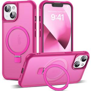 Compatible with iPhone 14 Case & iPhone 13 Case 6.1" with Invisible Ring Stand [Compatible with Mag-Safe] Translucent with Magnetic Kickstand, Hot Pink