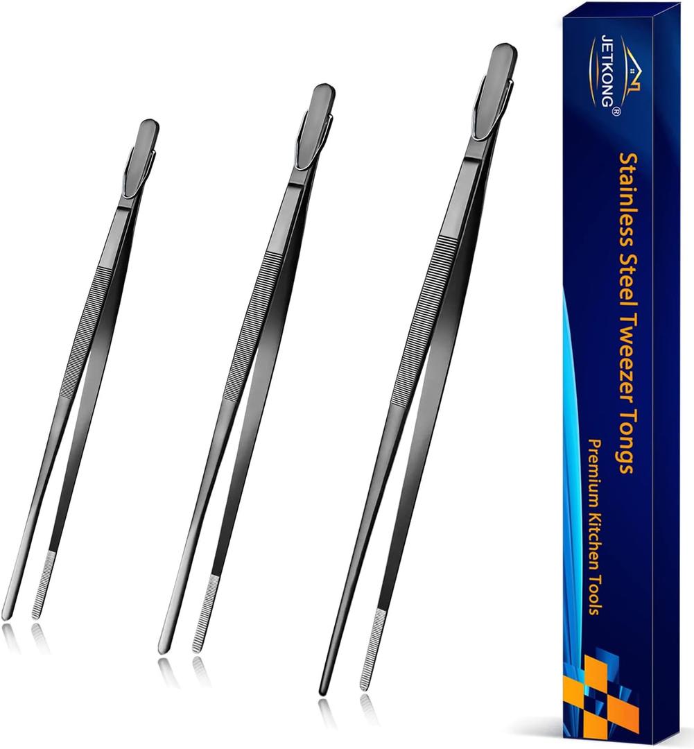 JETKONG Kitchen Tweezers Stainless Steel Food Tweezers Professional Chef Tweezer Kitchen Tools, Set of 3 (7 9 12 Inch, Black)