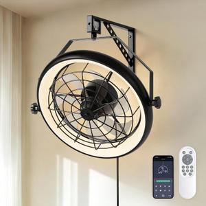 23" Wall Mount Fan with Light,3 CCT, Dimmable,Quiet 6 Speed Wall Mounted Fan with Remote/App Control, Timer, 360 Adjustable Tilt Plug in Wall Fan for Garage,Patio,Tool Room,Home (Black)
