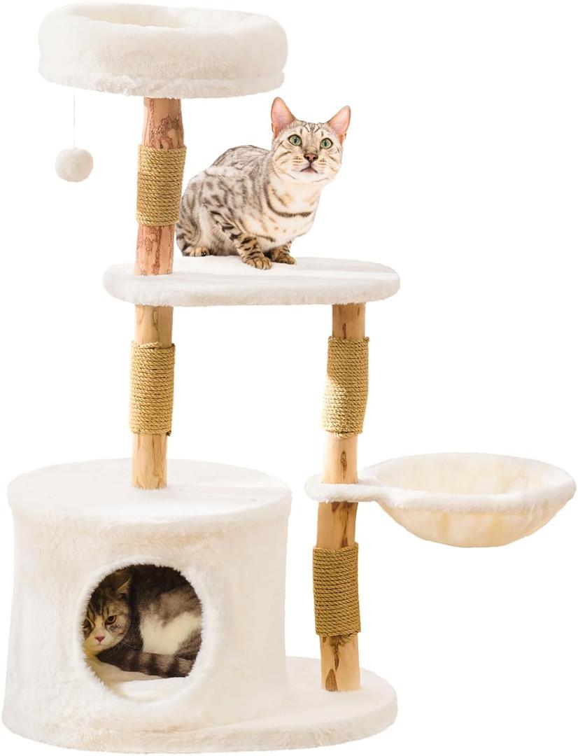 Modern Solid Hardwood Cat Tree Tower for Indoor Cats - Premium Wooden Cat Furniture with Scratching Posts, Cozy Condo, Stable Perch & Non-Tip Base, Multi-Level Play for Small & Medium Cats (White)