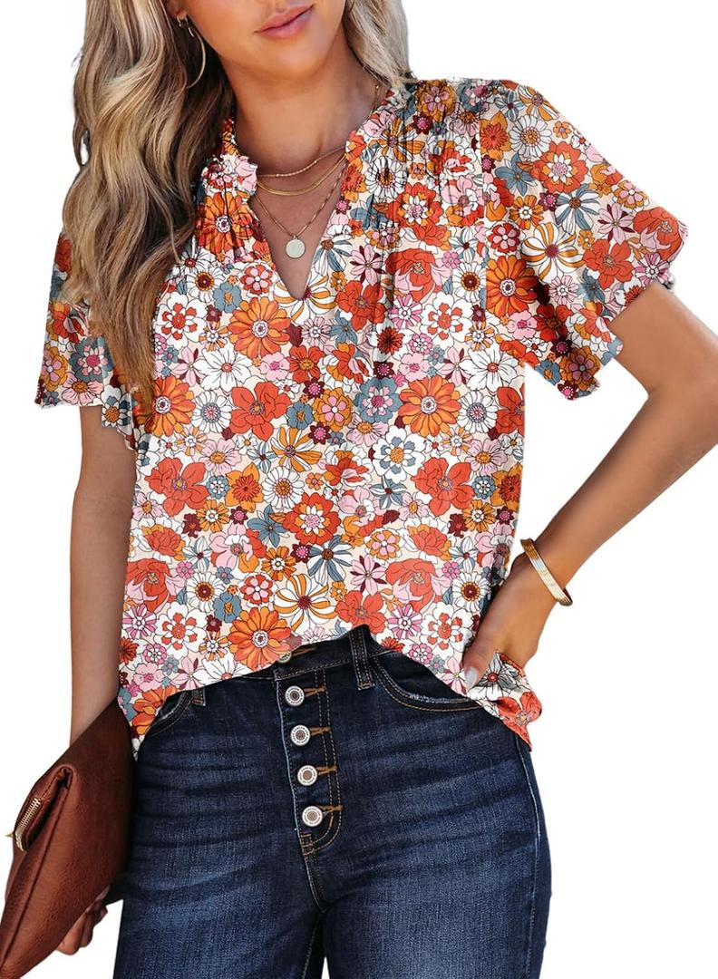 5X SHEWIN Women's Casual V Neck Floral Print Smocked Short Sleeve Chiffon Blouses Bohemian Top Shirts, XL