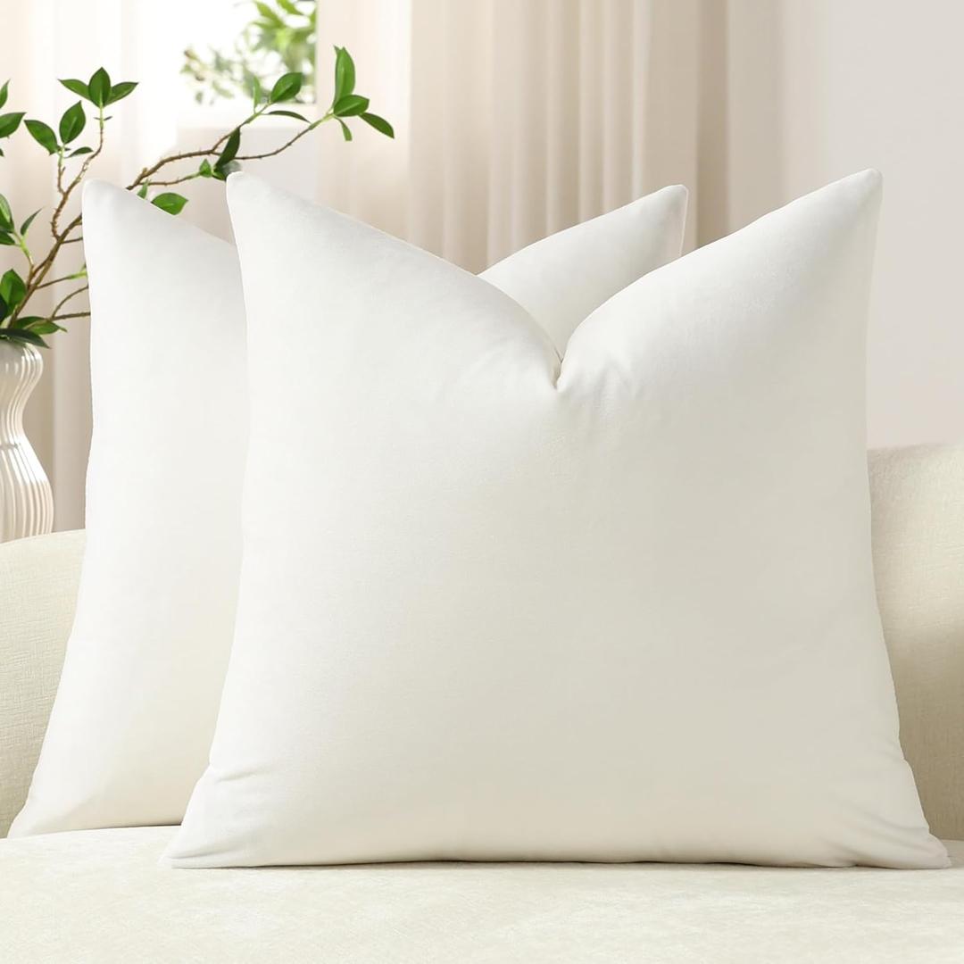 DEZENE Throw Pillow Covers 16x16 Ivory White: Pack of 2 Cozy Soft Velvet Square Modern Luxury Decorative Throw Pillow Cases for Sofa Couch Living Room Bed Home Decor