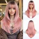 Esmee Long Straight Ombre Pink hair Bangs Layered wig for Women Breathable Comfortable Natural Realistic Women Party Wigs Use-24 Inches